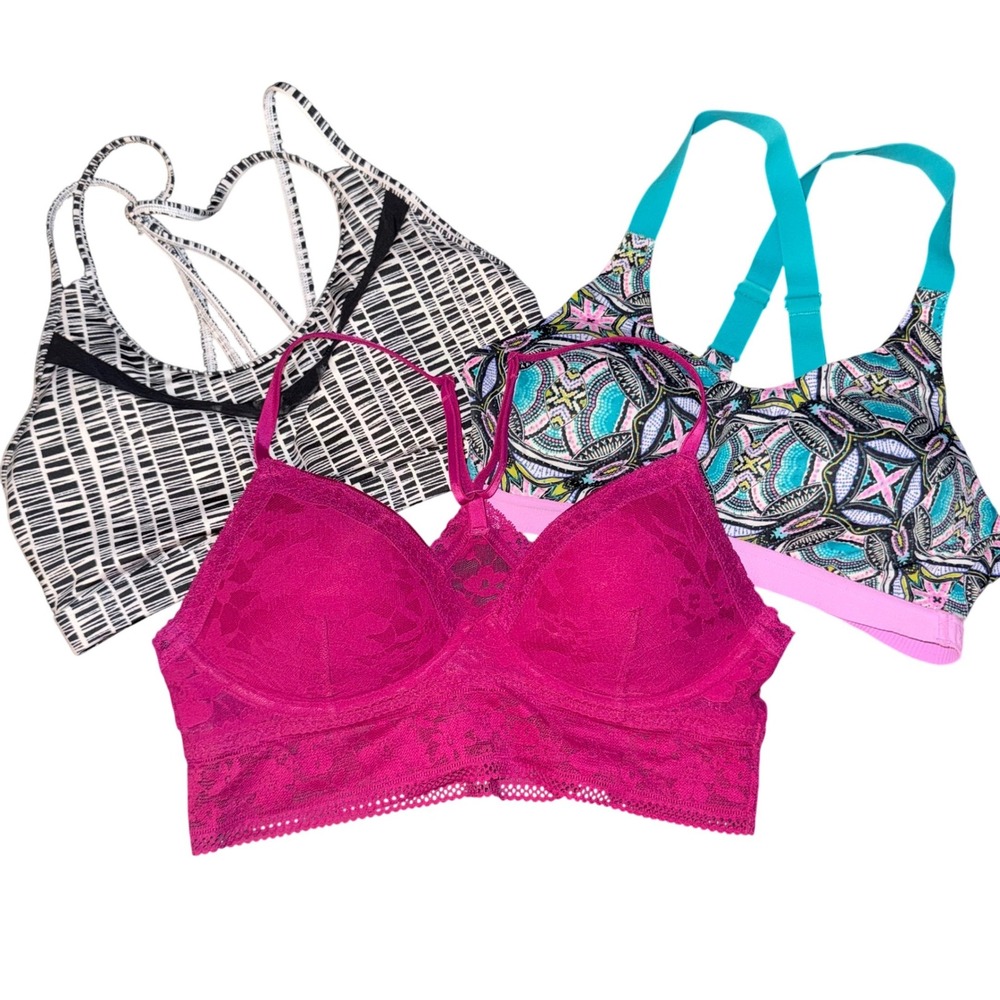 Victoria's Secret VSX Sport Bra Bundle Magenta Lace Geometric Strappy Medium 3PK